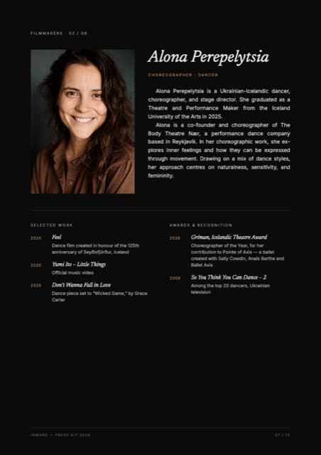 Press kit page 7: Alona Perepelytsia