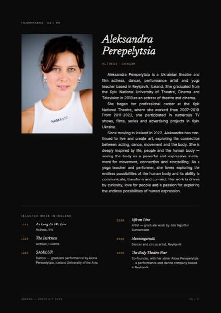 Press kit page 8: Aleksandra Perepelytsia